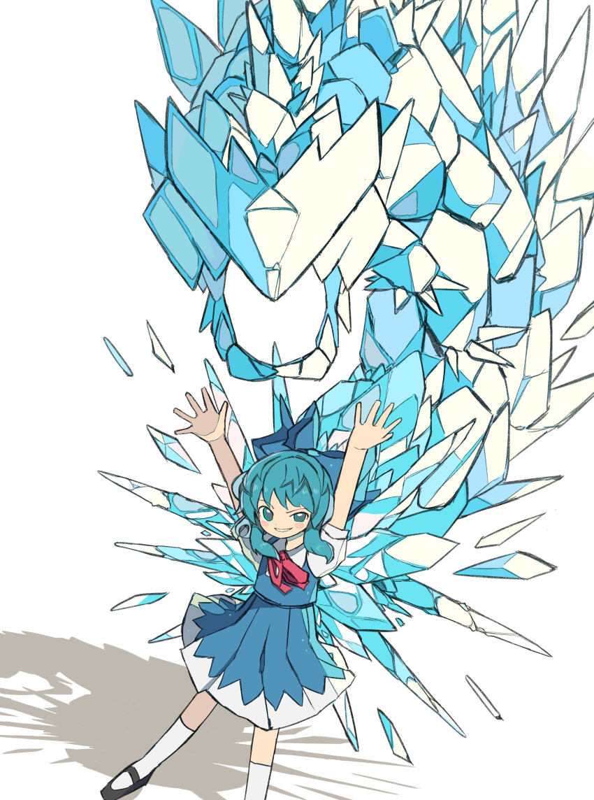 1girl absurdres arms_up blue_dress blue_eyes blue_hair blush cirno collared_shirt commentary_request dragon dress grin highres ice ice_wings looking_at_viewer mary_janes neruzou pinafore_dress puffy_short_sleeves puffy_sleeves red_neckwear red_ribbon ribbon shadow shirt shoes short_hair short_sleeves sidelocks simple_background smile solo standing touhou white_background white_legwear wing_collar wings