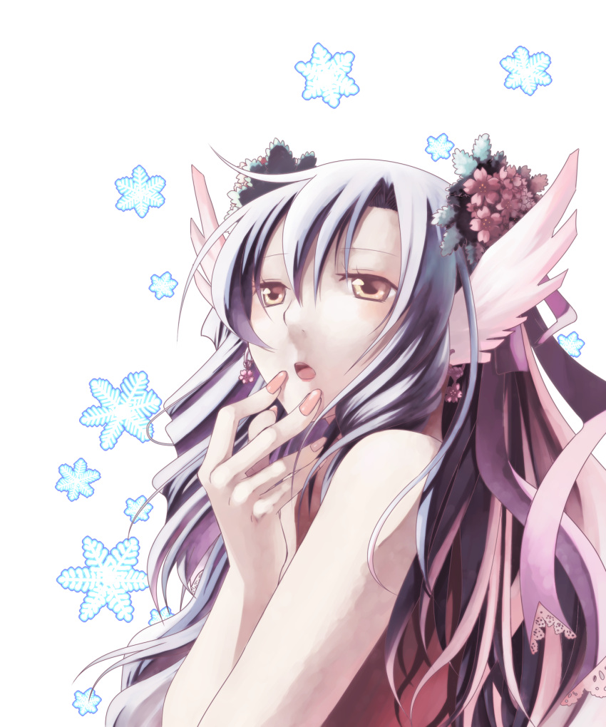 1girl azpainter_(medium) bangs blush brown_eyes commentary_request flower hair_between_eyes hair_flower hair_ornament highres long_hair looking_at_viewer open_mouth original purple_hair red_flower sakakura_(sariri) simple_background sleeveless snowflakes solo upper_body white_background