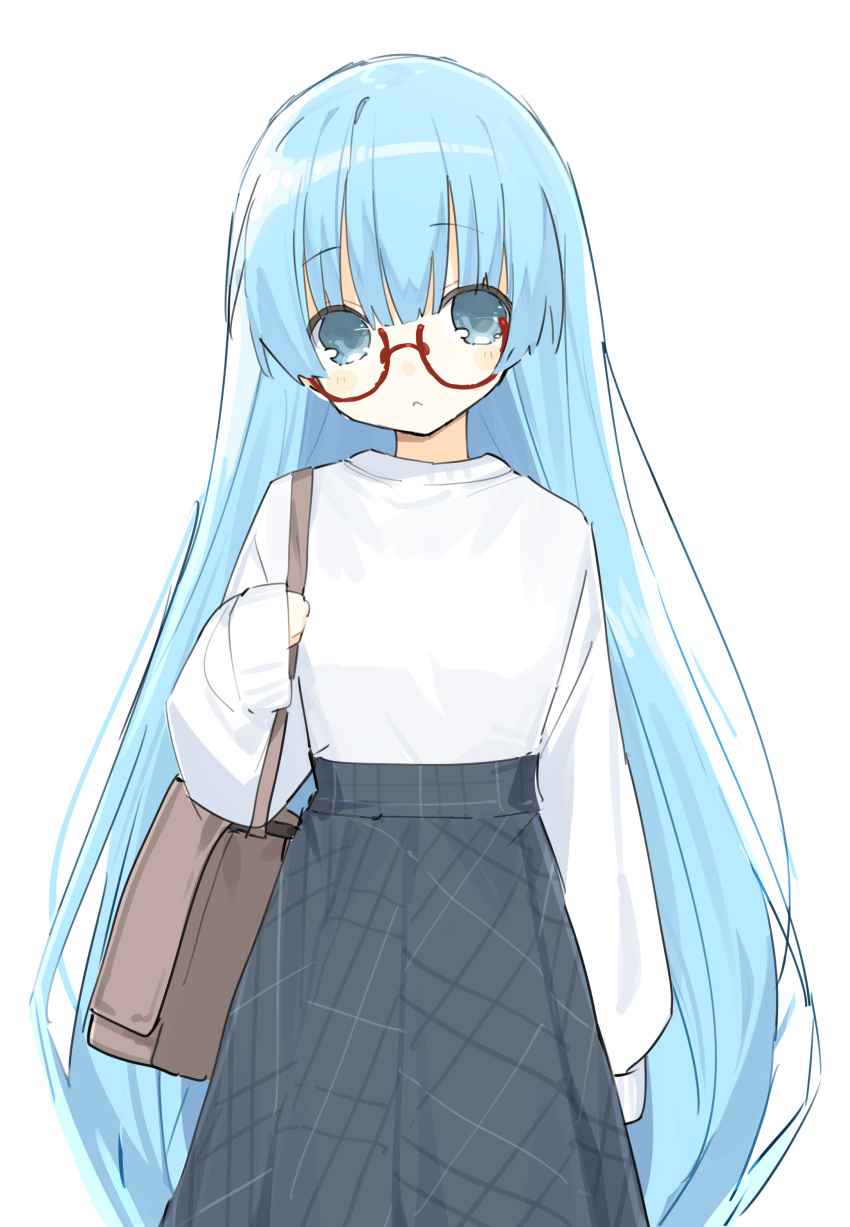 1girl absurdres alternate_costume bag blue_eyes blue_hair blush buran_buta closed_mouth commentary_request cowboy_shot expressionless eyebrows_visible_through_hair glasses hair_between_eyes highres long_hair long_skirt looking_at_viewer neptune_(series) nishizawa_mina no_hat no_headwear shirt simple_background skirt solo white_background white_shirt