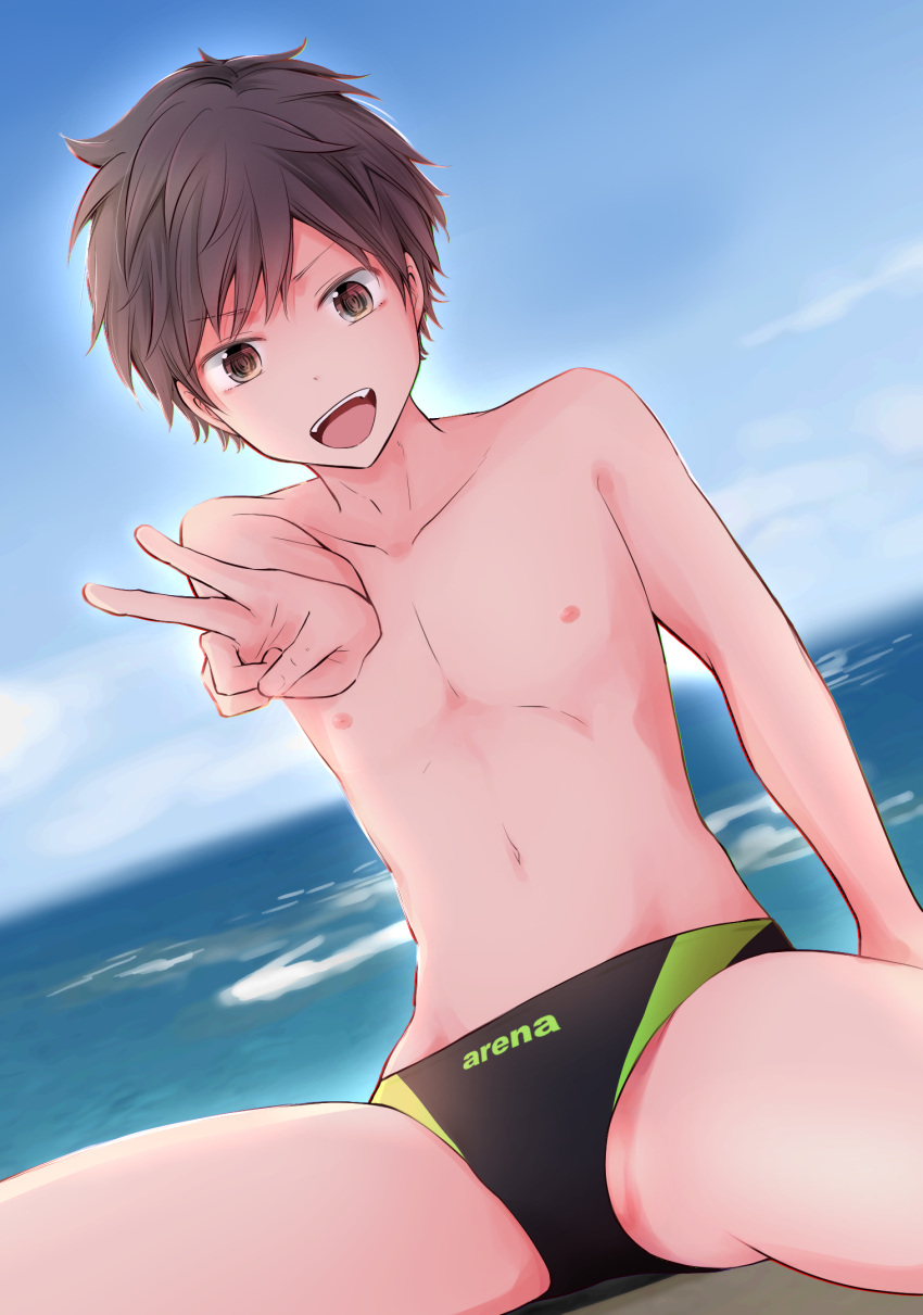 1boy :d arena_(company) arm_support backlighting bangs black_male_swimwear brown_eyes brown_hair bulge chromatic_aberration collarbone day hand_up highres horizon jamsakura looking_at_viewer male_focus male_swimwear navel nipples ocean open_mouth original outdoors short_hair sitting smile solo spread_legs swim_briefs v