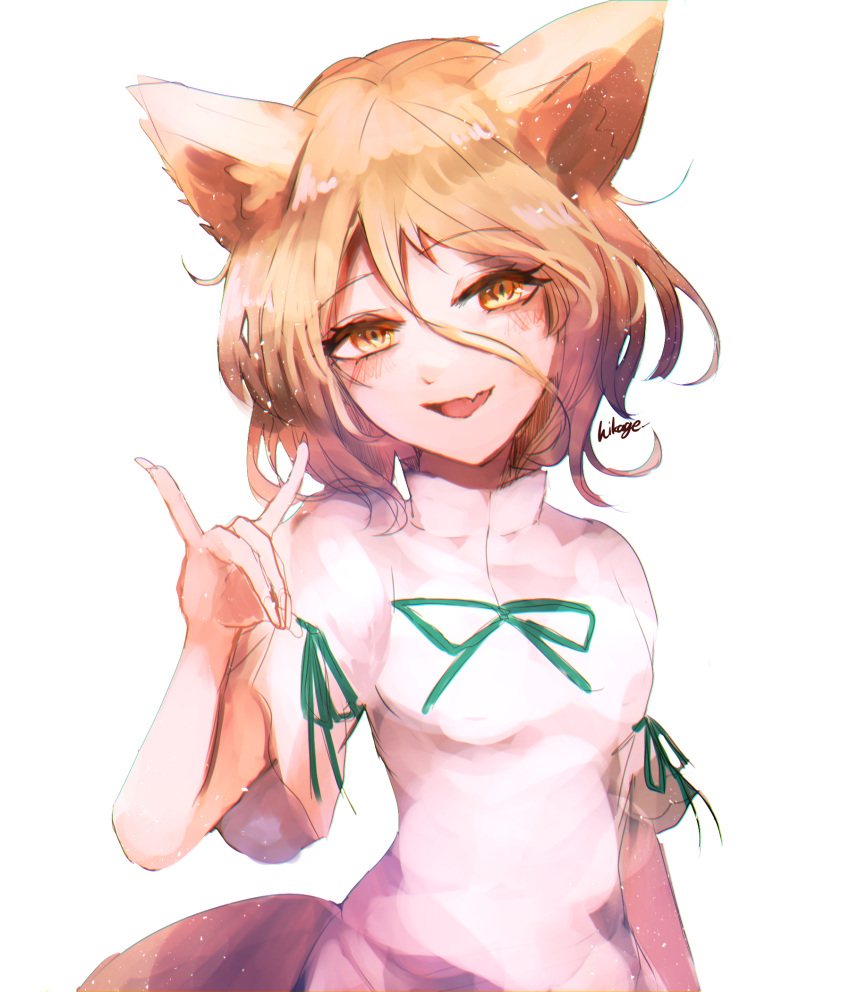 1girl animal_ears artist_name bangs blonde_hair blush bow breasts eyebrows_visible_through_hair fox_ears fox_tail green_bow hair_between_eyes hand_up highres hikage_(0hi_kageo) jumpsuit kudamaki_tsukasa looking_at_viewer medium_breasts one-hour_drawing_challenge open_mouth puffy_short_sleeves puffy_sleeves short_hair short_sleeves simple_background smile solo tail tongue touhou white_background white_jumpsuit white_sleeves yellow_eyes