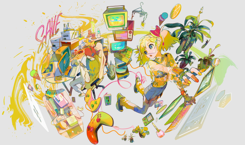 1boy 1girl 2021 :o blonde_hair blue_eyes box chair clothes_hanger collared_shirt computer controller dated desk dragon figure fingerless_gloves food fruit game_controller garter_straps gloves handheld_game_console head_mounted_display headphones headset highres ice_cream_cone keyboard_(computer) kukka lava_lamp lemon lemon_slice loose_socks midriff monitor mouse_(computer) nail_polish neon_lights office_chair open_mouth plant potted_plant promotional_art red_nails redhead see-through shirt shoes short_twintails skirt slippers steam_(platform) television thigh-highs tokyo_game_show twintails video_game yellow_nails