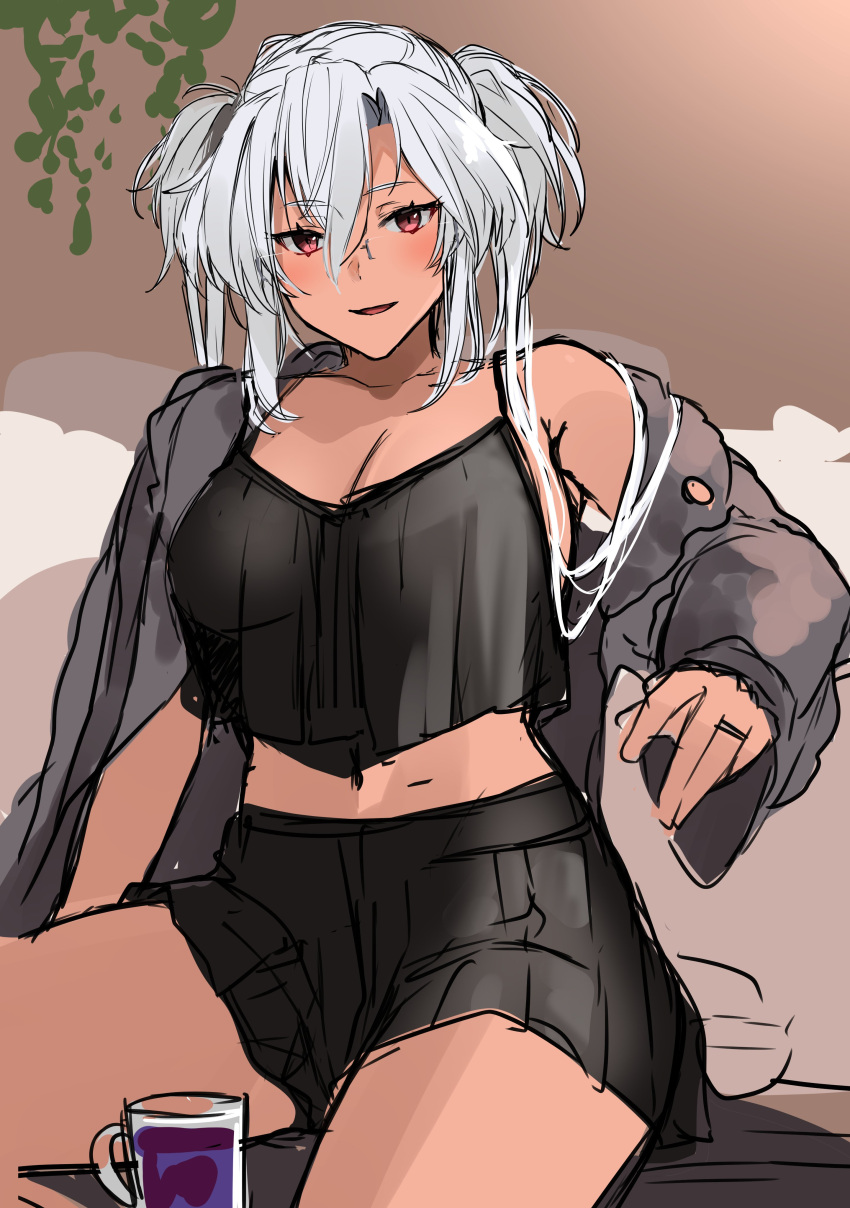 1girl absurdres alternate_costume black_camisole black_nails black_skirt breasts camisole casual commentary_request dark-skinned_female dark_skin grey_jacket highres jacket kantai_collection large_breasts long_hair looking_at_viewer musashi_(kancolle) nail_polish no_eyewear pleated_skirt red_eyes silver_hair skirt solo twintails unfinished yunamaro