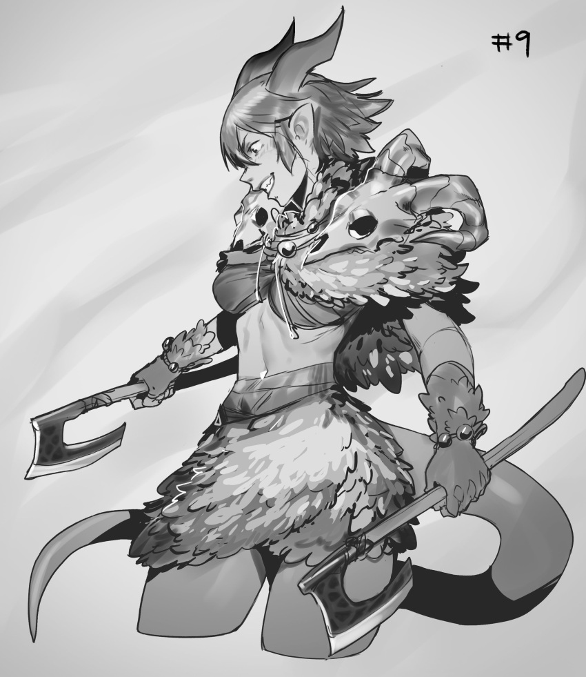 1girl absurdres axe bangs bracelet capelet commentary cowboy_shot cropped_legs dual_wielding fur_capelet fur_skirt grey_background grin hair_between_eyes highres holding holding_axe horns jewelry less looking_away midriff_peek original pointy_ears profile simple_background skull smile solo tail weapon