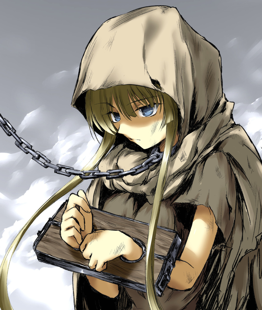 1girl bangs blonde_hair blue_eyes blunt_bangs brown_shirt bruise bruise_on_face chain cloak closed_mouth collar eyebrows_visible_through_hair fantasy grey_background highres hood hooded_cloak injury kaginaka_rui long_hair metal_collar no_pupils original restrained shirt short_sleeves sidelocks slave solo stocks upper_body