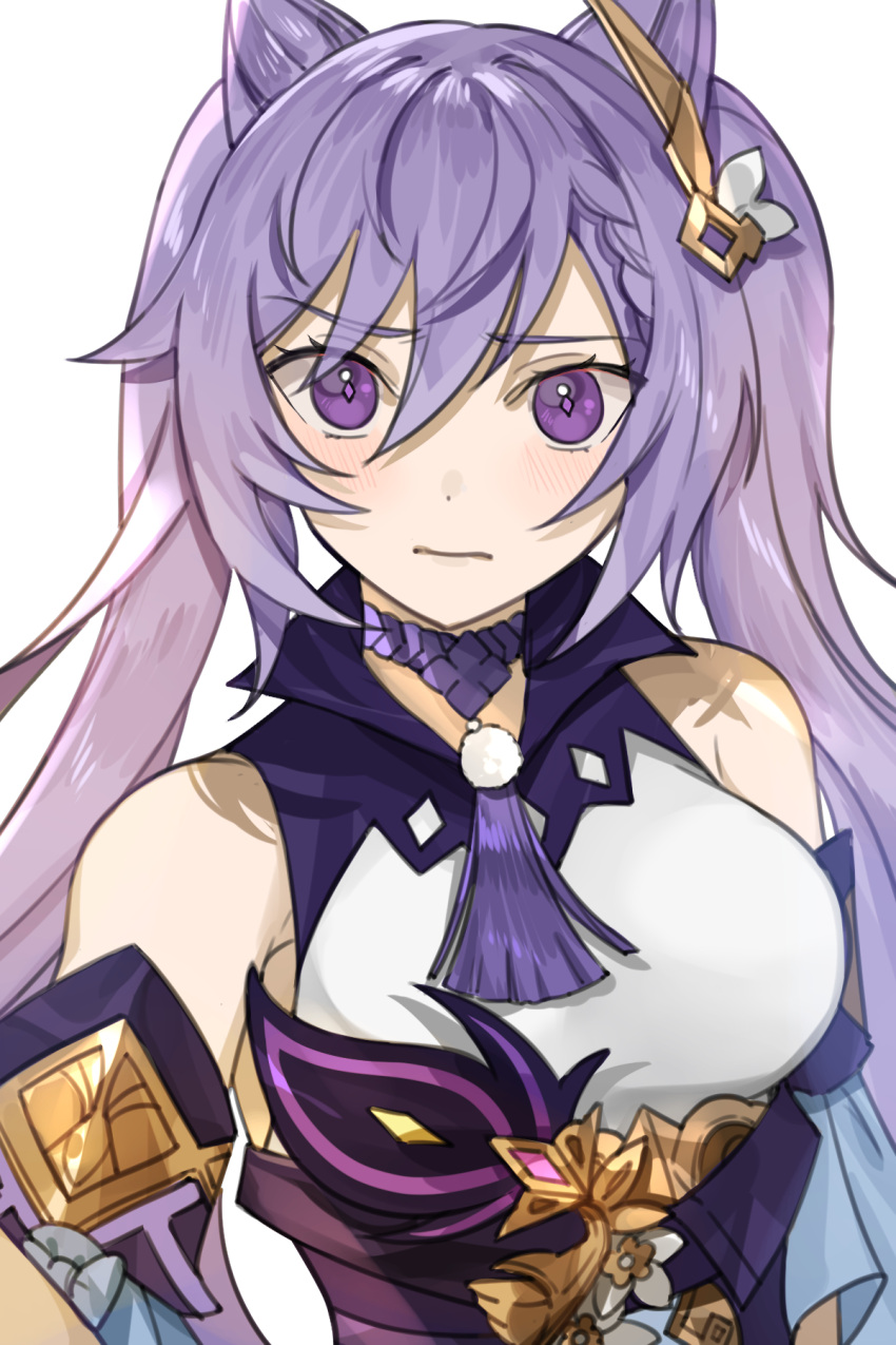 1girl 3: bangs braid commentary_request detached_sleeves double_bun eyebrows_visible_through_hair genshin_impact gyoju_(only_arme_nim) hair_between_eyes hair_cones hair_ornament highres keqing_(genshin_impact) long_hair looking_at_viewer purple_hair sidelocks simple_background single_braid solo twintails violet_eyes white_background wide_sleeves
