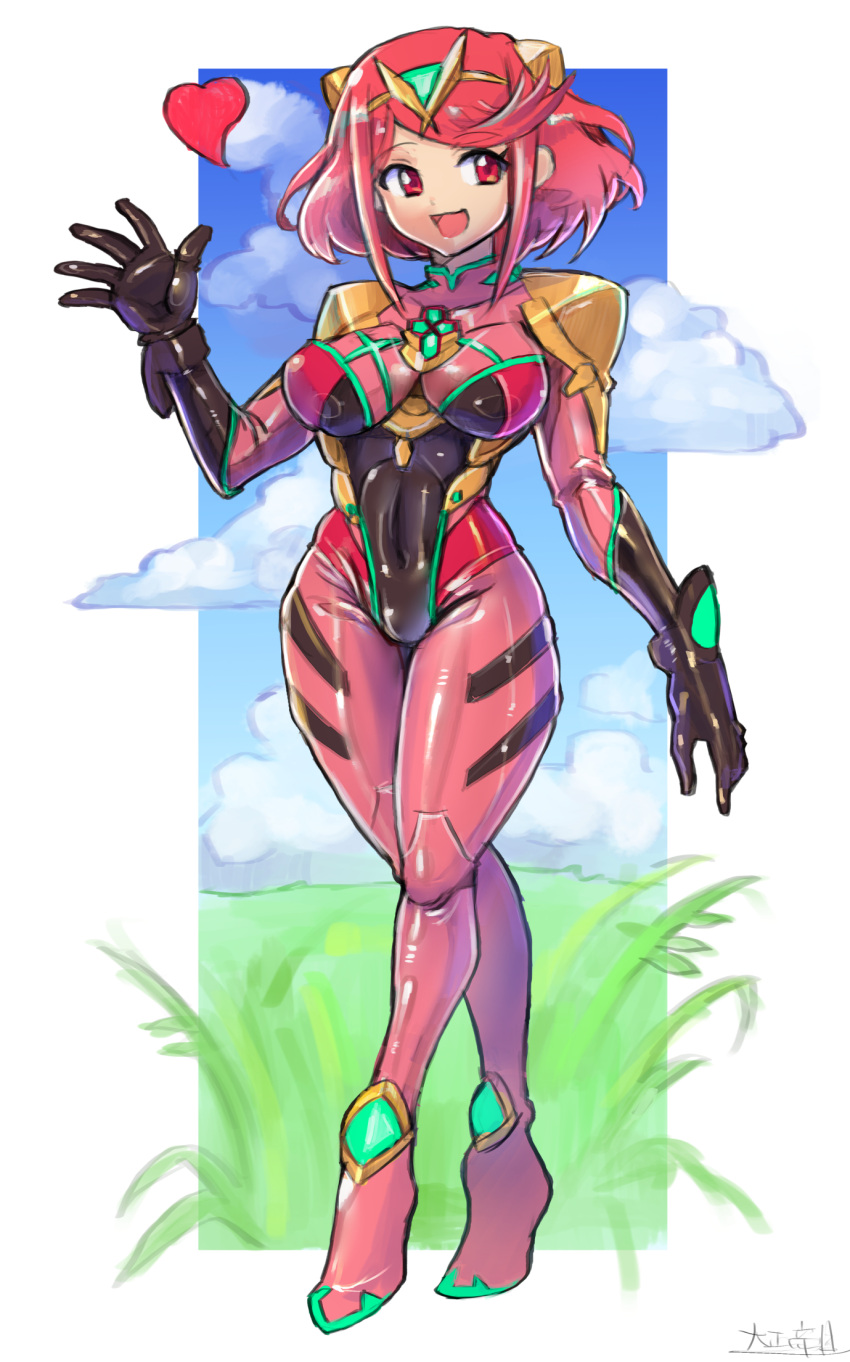 1girl alternate_costume bangs bodysuit breasts chest_jewel highres large_breasts oomasa_teikoku plugsuit pyra_(xenoblade) red_eyes redhead short_hair skin_tight solo swept_bangs xenoblade_chronicles_(series) xenoblade_chronicles_2