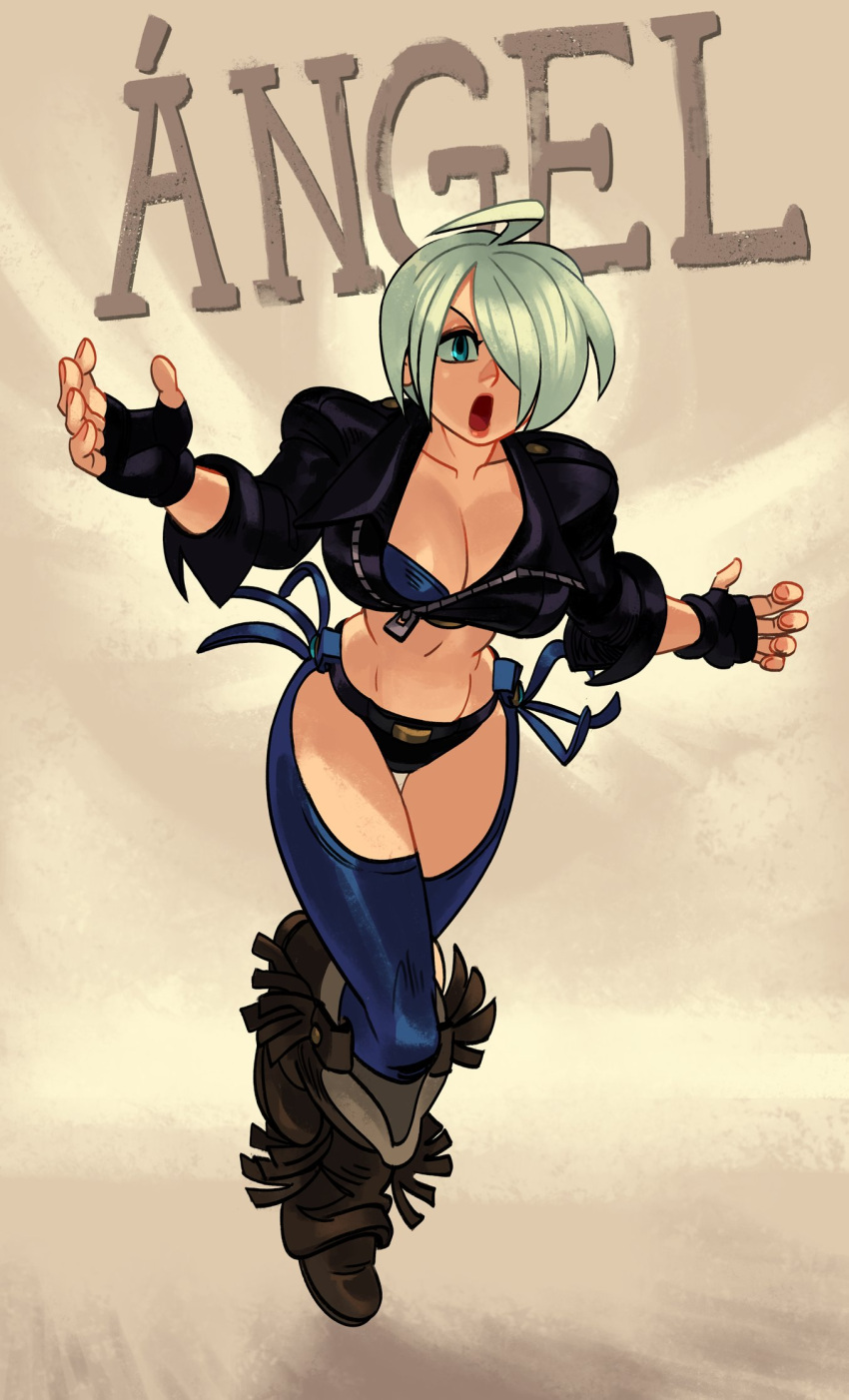 alex_ahad angel_(kof) boots breasts cowboy_boots full_body gloves hair_over_one_eye highres jacket large_breasts navel panties the_king_of_fighters the_king_of_fighters_xv underwear white_hair