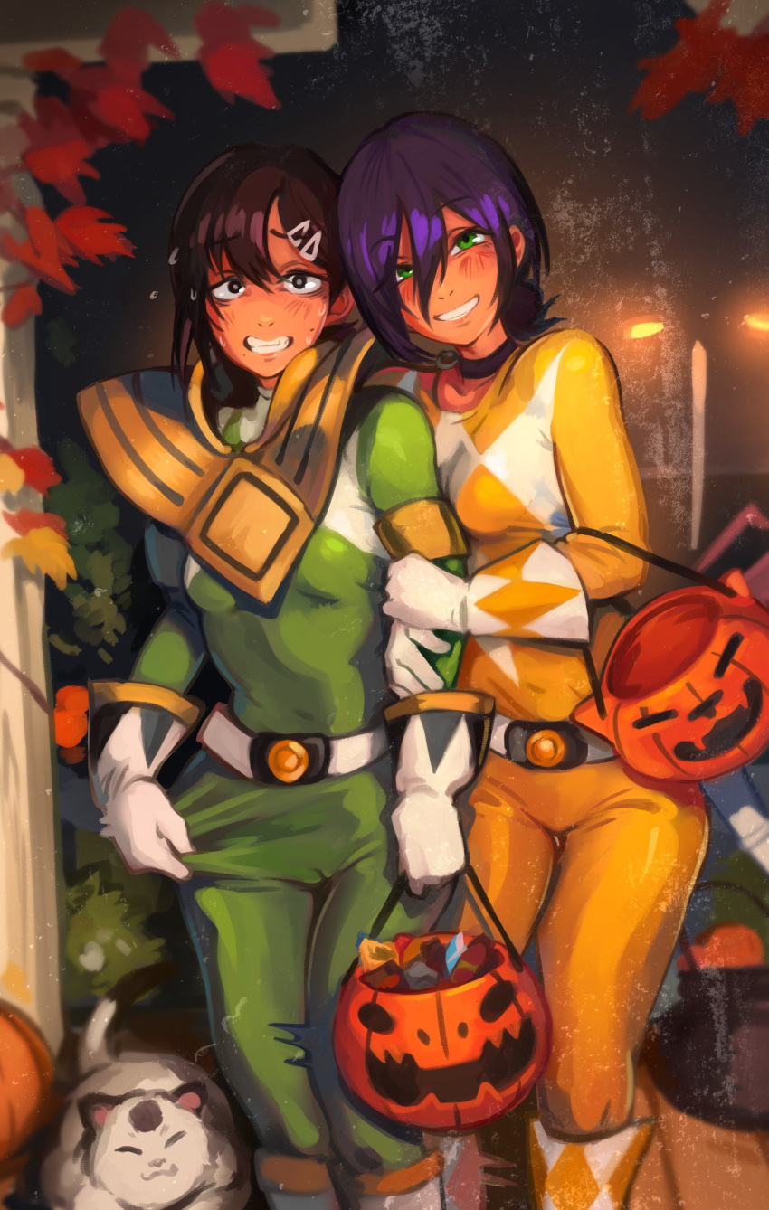 2girls absurdres blush bodysuit breasts chainsaw_man commentary cosplay english_commentary green_eyes green_ranger hair_between_eyes hair_bun hair_ornament hairclip halloween halloween_costume higashiyama_kobeni highres hug khyleri long_sleeves looking_at_viewer medium_hair mighty_morphin_power_rangers mole mole_under_eye mole_under_mouth multiple_girls nervous_smile open_mouth ponytail purple_hair reze_(chainsaw_man) short_hair short_ponytail smile trick_or_treat yellow_ranger yuri