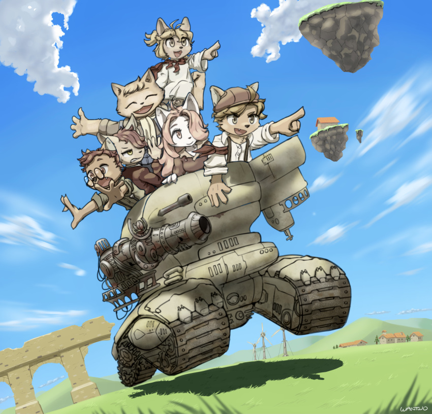 2girls 4boys absurdres ahoge boron_(senjou_no_fuuga) brown_eyes cannon clenched_teeth closed_eyes clouds collared_shirt ears_through_headwear floating_island furry furry_female furry_male glasses grass ground_vehicle hanna_(senjou_no_fuuga) highres kyle_(senjou_no_fuuga) little_tail_bronx long_hair malt_(senjou_no_fuuga) mei_(senjou_no_fuuga) military military_vehicle motor_vehicle multiple_boys multiple_girls notched_ear open_hands open_mouth outstretched_arms pointing red_armband ruins scarf senjou_no_fuuga shirt short_hair signature sky smile socks_(senjou_no_fuuga) suspenders tank taranis_(senjou_no_fuuga) teeth village wantwo windmill yellow_eyes yellow_scarf