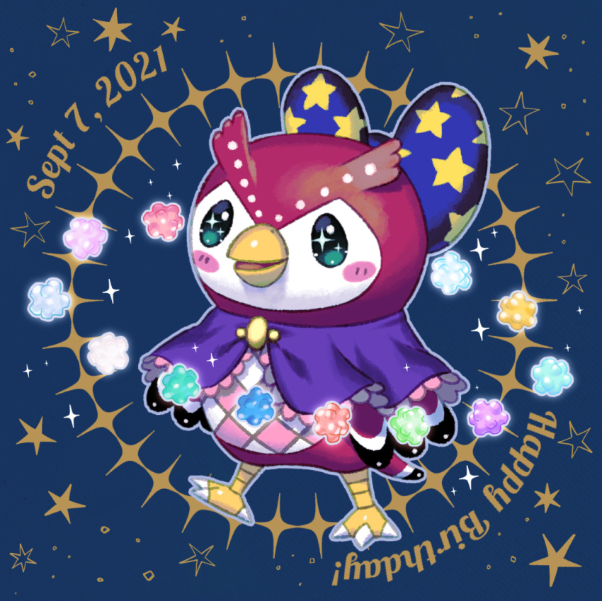 1girl animal_crossing bird blush bow celeste_(animal_crossing) dated full_body hair_bow happy_birthday looking_at_viewer owl simple_background solo sparkling_eyes star_(symbol) star_print tsutsuji_(hello_x_2)