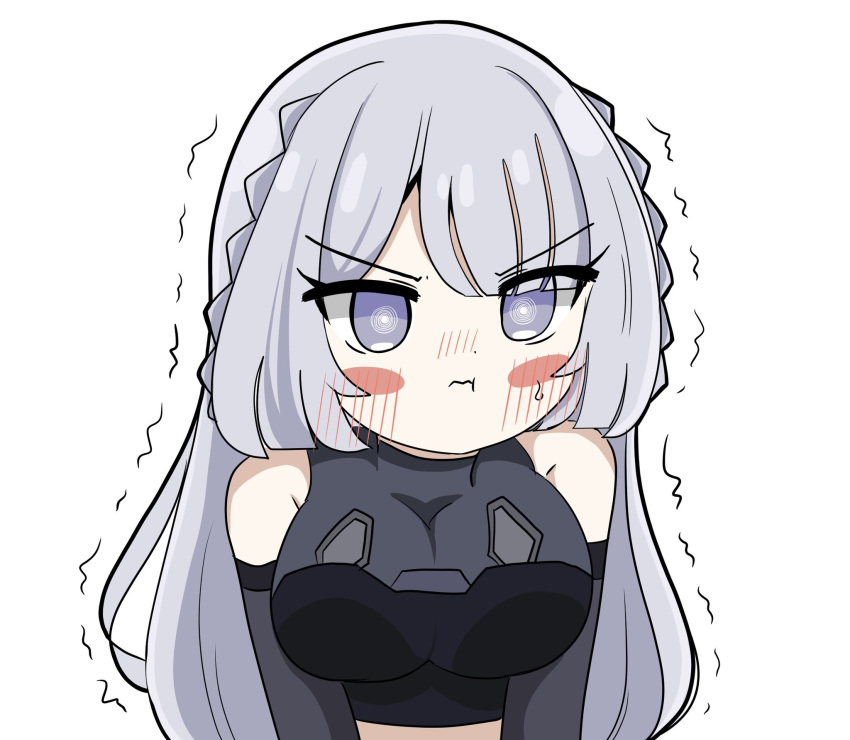 1girl ak-15_(girls'_frontline) arms_at_sides bare_shoulders blush braid breasts chibi crop_top defy_(girls'_frontline) detached_sleeves girls_frontline grey_hair highres large_breasts long_hair pout senlong45 silver_hair solo tactical_clothes v-shaped_eyebrows violet_eyes