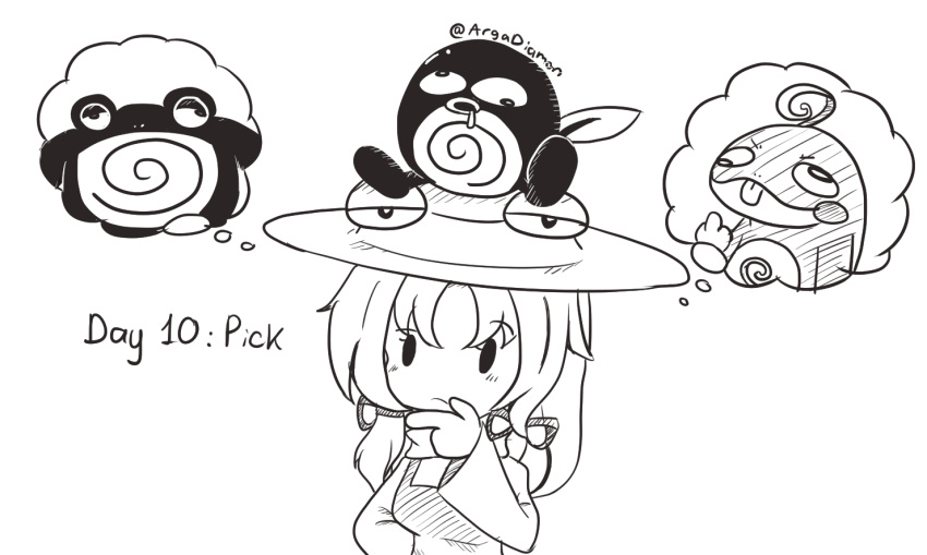 1girl animal_on_head diamon_arga drooling english_commentary english_text eyebrows_visible_through_hair finger_to_mouth hair_ribbon medium_hair middle_finger monochrome moriya_suwako on_head pokemon politoed poliwag poliwrath pyonta ribbon simple_background solid_oval_eyes thinking thought_bubble tongue tongue_out touhou twitter_username upper_body white_background
