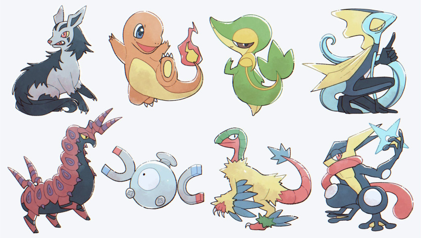 archeops aru_(citrine_drplt) blue_eyes brown_eyes charmander claws closed_mouth commentary_request fire flame greninja highres holding inteleon looking_back magnemite mightyena open_mouth pokemon pokemon_(creature) scolipede shuriken smile snivy squatting weapon