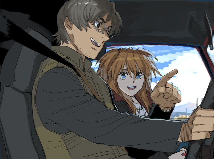 1boy 1girl aida_kensuke beard blue_eyes brown_hair couple day driving evangelion:_3.0+1.0_thrice_upon_a_time facial_hair glasses grin hand_up looking_at_another neon_genesis_evangelion older open_mouth rebuild_of_evangelion smile souryuu_asuka_langley talking upper_body window