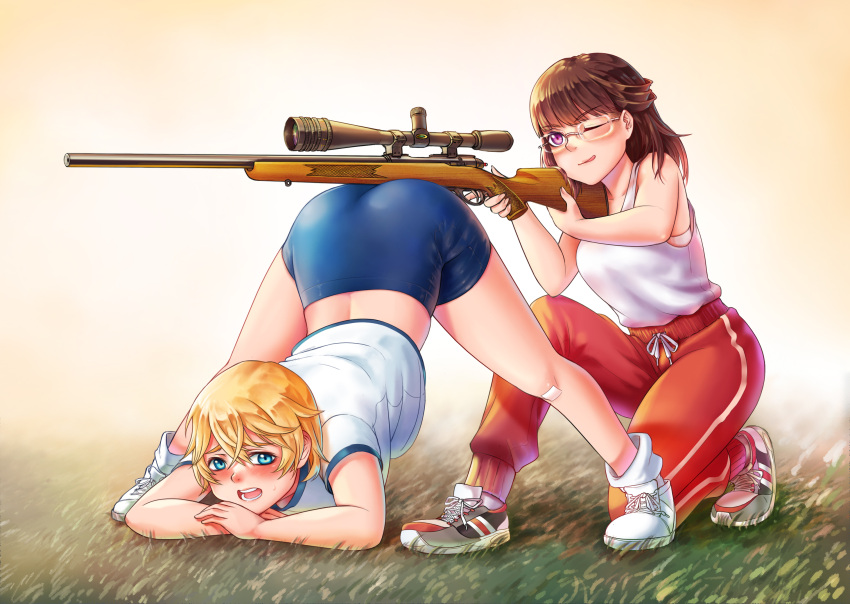 2girls aiming all_fours anh_thuy ass blonde_hair bloomers blue_eyes blush bob_cut bolt_action brown_hair buruma butt_crack darun_khanchanusthiti embarrassed flexible glasses grass gun gym_uniform heike_grislawski highres holding holding_gun holding_weapon jack-o'_challenge kneeling long_hair loose_socks multiple_girls one_eye_closed open_mouth original pants red_pants rifle scope shiny shiny_hair shiny_skin shoes short_hair shy smile sneakers sniper_rifle sniper_scope socks spread_legs stretch sweat tank_top thighs track_pants underwear violet_eyes weapon wide_spread_legs