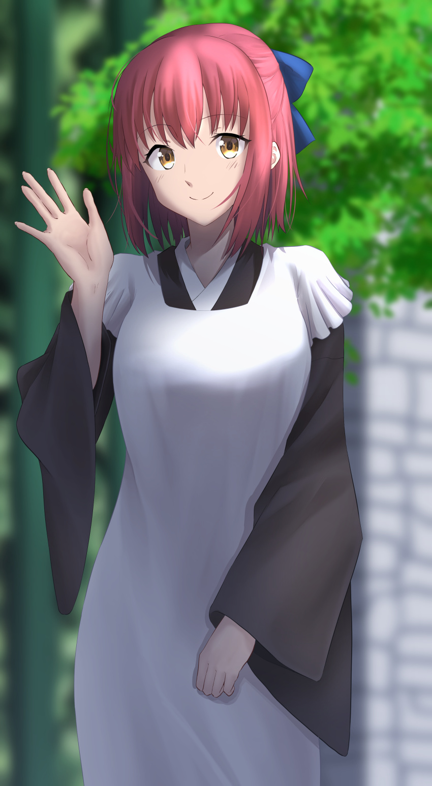 1girl absurdres apron bangs black_kimono blue_bow blurry blurry_background blush bow closed_mouth commentary_request eyebrows_visible_through_hair hair_between_eyes hair_bow half_updo highres japanese_clothes kimono kohaku_(tsukihime) kyou_(kyouillust) looking_at_viewer maid_apron outdoors plant redhead short_hair sidelocks smile solo tsukihime wa_maid white_apron wide_sleeves yellow_eyes