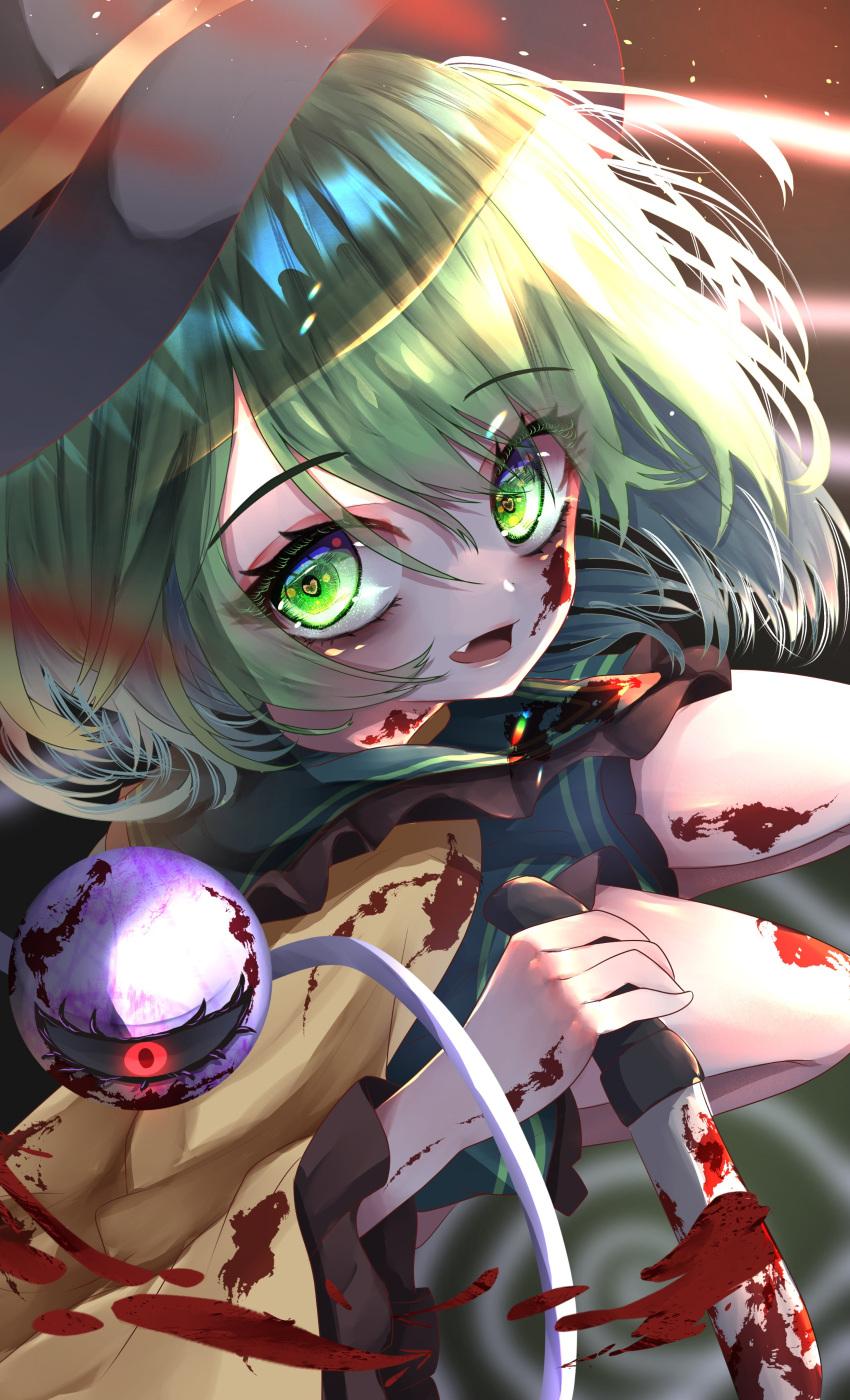 1girl absurdres bangs black_headwear blood blood_on_clothes blood_on_face blood_splatter bow breasts dfra dress_bow eyeball fang frilled_shirt_collar frilled_sleeves frills green_eyes green_hair green_skirt hat hat_ribbon heart heart-shaped_pupils highres holding holding_knife knife komeiji_koishi long_sleeves looking_at_viewer medium_breasts medium_hair open_mouth red_eyes ribbon shirt sidelocks skirt solo standing string symbol-shaped_pupils third_eye touhou upper_body wide_sleeves window yellow_bow yellow_ribbon yellow_shirt