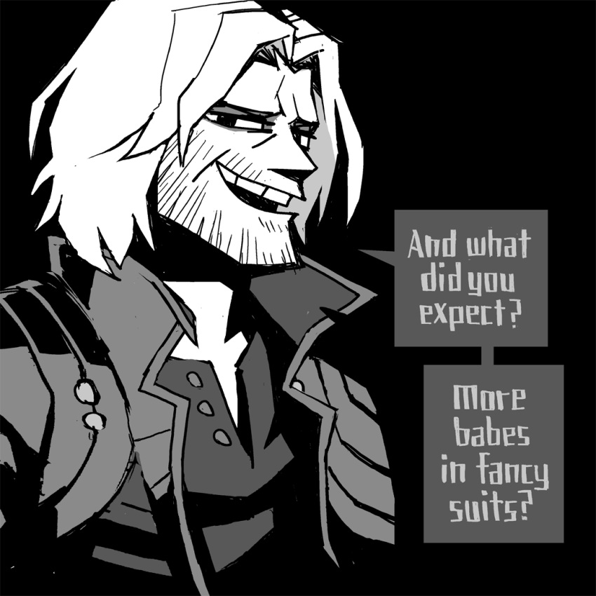 1boy bangs beard black_background crossover devil_may_cry_(series) english_text facial_hair greyscale half-closed_eyes helltaker jacket male_focus monochrome parted_bangs shirt simple_background solo speech_bubble teeth upper_body upper_teeth vanripper