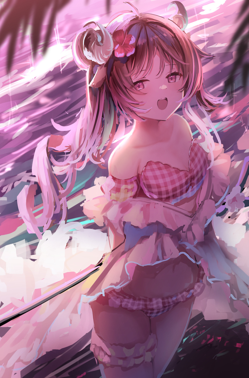 1girl :d ahoge animal_ears arknights arms_behind_back backlighting bangs bare_shoulders bikini blush collarbone commentary_request cowboy_shot eyebrows_visible_through_hair eyjafjalla_(arknights) eyjafjalla_(summer_flowers)_(arknights) flower frilled_bikini frills goat_ears goat_horns hair_flower hair_ornament hibiscus highres holding holding_staff horns leg_garter looking_at_viewer navel off-shoulder_bikini off_shoulder official_alternate_costume open_mouth outdoors pink_bikini pink_flower plaid plaid_bikini shoa_tksm smile solo sparkle staff sunlight swimsuit violet_eyes water