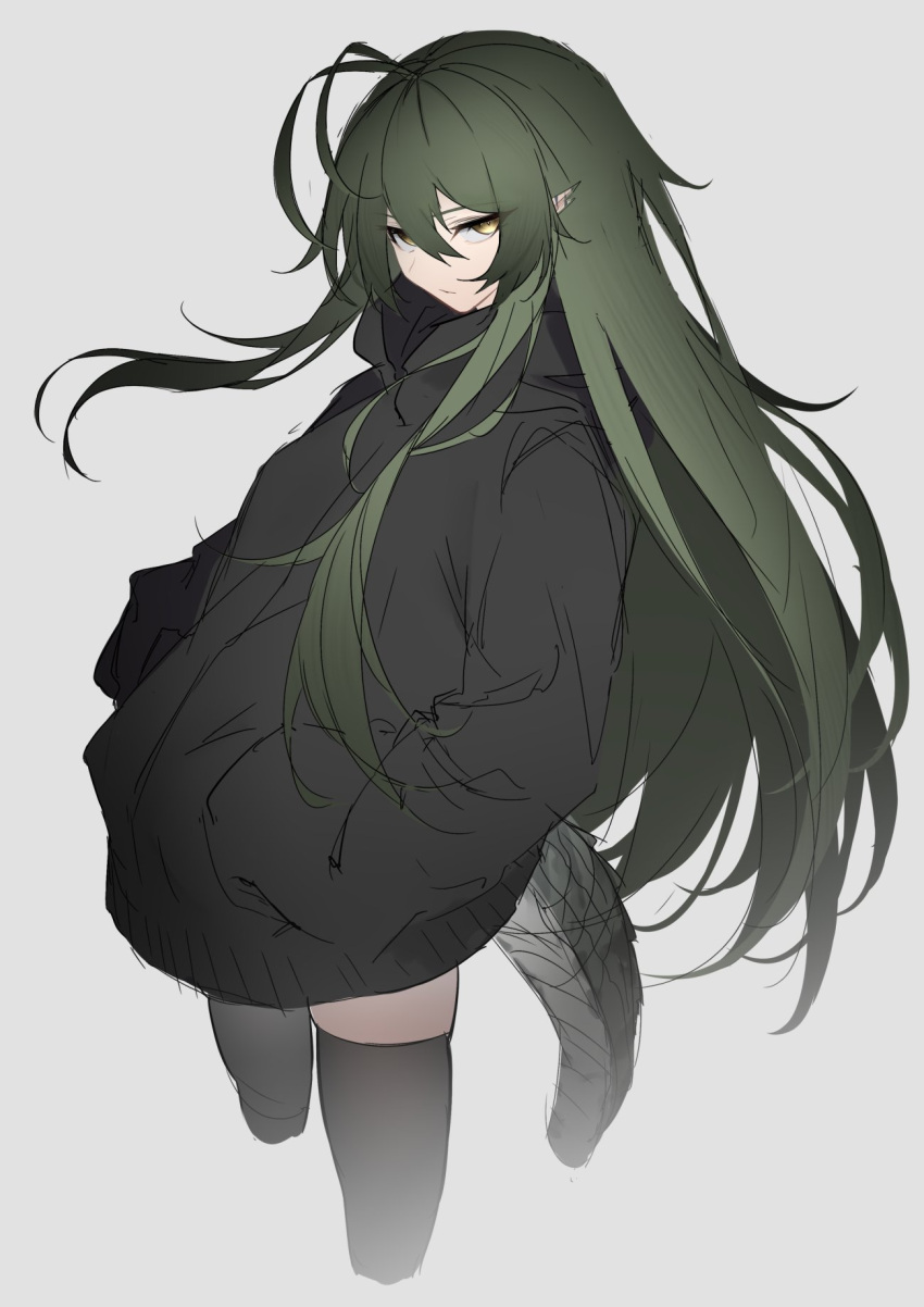1girl ahoge alternate_costume arknights bangs black_background black_clothes crocodilian_tail gavial_(arknights) green_hair hands_in_pockets highres long_hair looking_at_viewer ozeu0916 pointy_ears shorts solo sweatshirt tail thigh-highs thighs white_background yellow_eyes