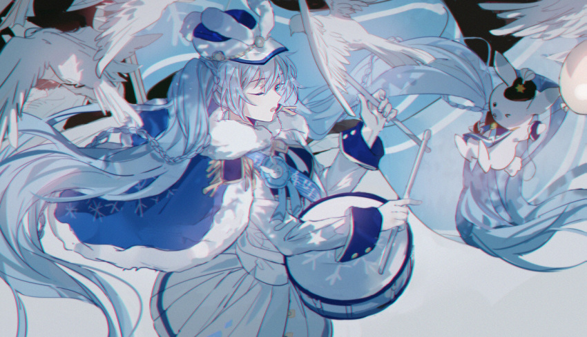 1girl balloon band_uniform bangs bird blue_cloak blue_eyes braid breasts chromatic_aberration cloak commentary_request cowboy_shot dove drum drumsticks epaulettes fur_collar fur_trim gloves grey_background hair_between_eyes hat hatsune_miku holding holding_drumsticks instrument kanose light_blue_hair long_hair long_sleeves looking_at_viewer musical_note one_eye_closed open_mouth pleated_skirt rabbit_yukine shako_cap shirt sideways_glance skirt sleeve_cuffs small_breasts snare_drum solo twintails very_long_hair vocaloid white_gloves white_shirt white_skirt yuki_miku yuki_miku_(2020)