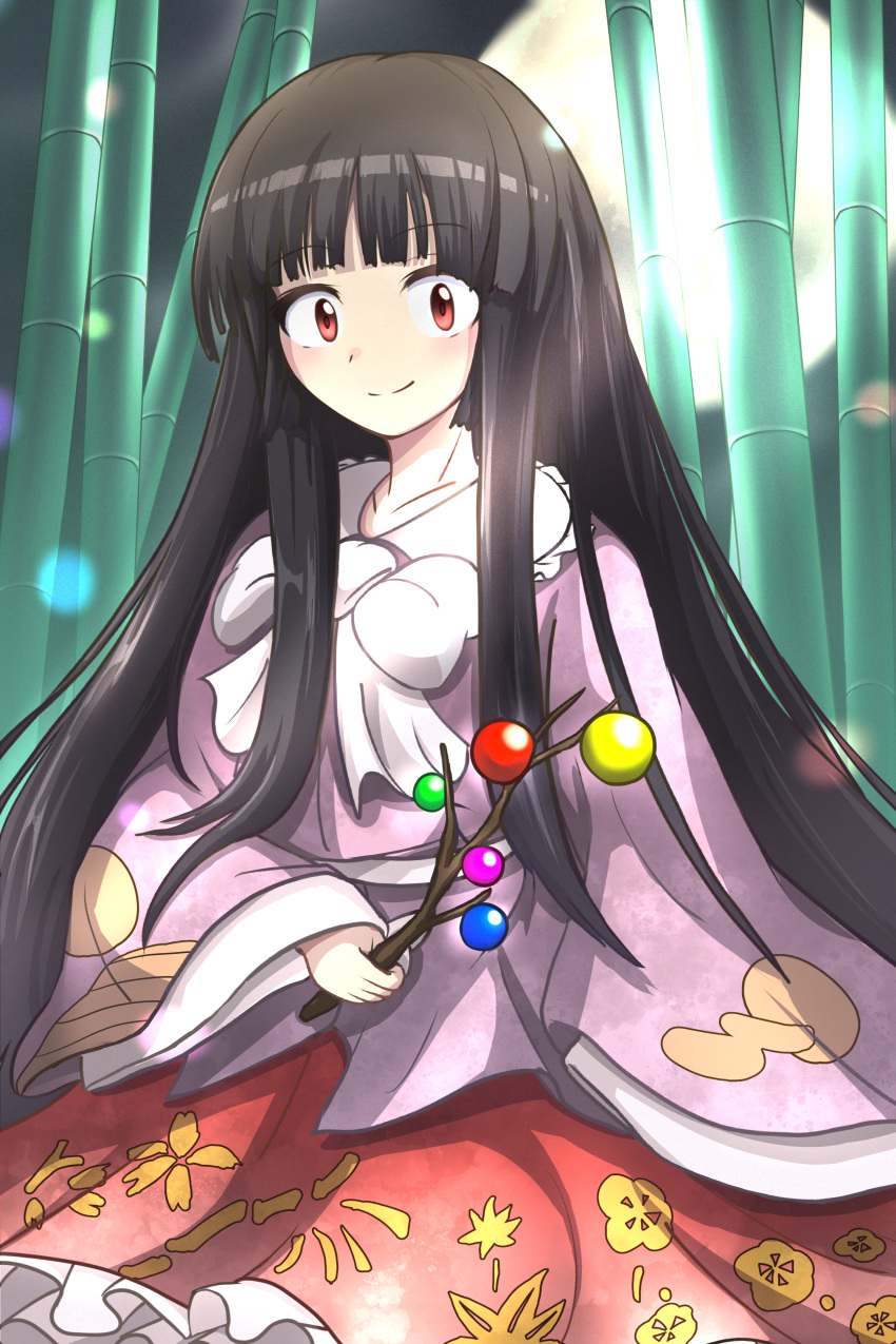 1girl absurdres bamboo bamboo_forest bangs belt black_hair black_sky blouse blush bow bowtie closed_mouth collar collared_blouse eyebrows_visible_through_hair forest gurina_15 highres houraisan_kaguya imperishable_night jeweled_branch_of_hourai long_hair long_sleeves looking_at_viewer moon nature night night_sky pink_blouse red_eyes red_skirt skirt sky smile solo touhou treasure white_belt white_bow white_neckwear wide_sleeves