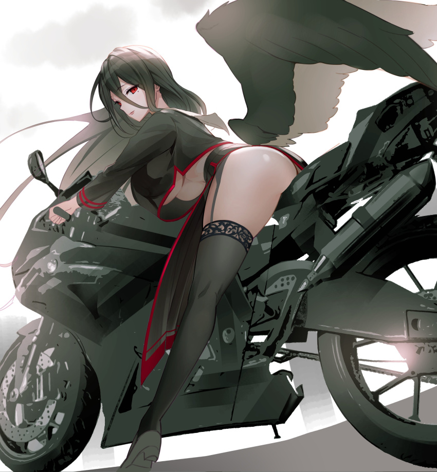 1girl absurdres ass bent_over black_hair black_legwear blue_archive breasts crop_top feathered_wings feathers ground_vehicle halo hanging_breasts hasumi_(blue_archive) highres large_breasts leaning_forward long_legs looking_at_viewer luna_nyann mole mole_under_eye motor_vehicle motorcycle red_eyes solo straddling thick_thighs thigh-highs thighs underboob wings