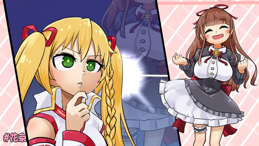.live 2girls blonde_hair blush_stickers braid breasts brown_hair chamaji closed_eyes detached_sleeves green_eyes hair_ribbon highres kakyouin_chieri kongou_iroha large_breasts legband multiple_girls open_mouth red_ribbon ribbon side_braid smile triangle_mouth twintails