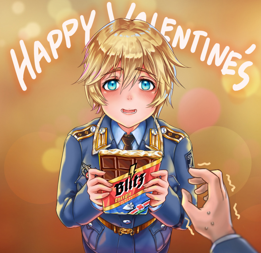 1boy 1girl blonde_hair blue_eyes blue_jacket blue_shirt blush bob_cut chocolate darun_khanchanusthiti drugs embarrassed english_text from_above german_text giving hands heike_grislawski highres holding jacket leather_belt looking_at_viewer looking_up military military_uniform necktie original patch pov reaching_out shirt short_hair shoulder_boards shy uniform valentine