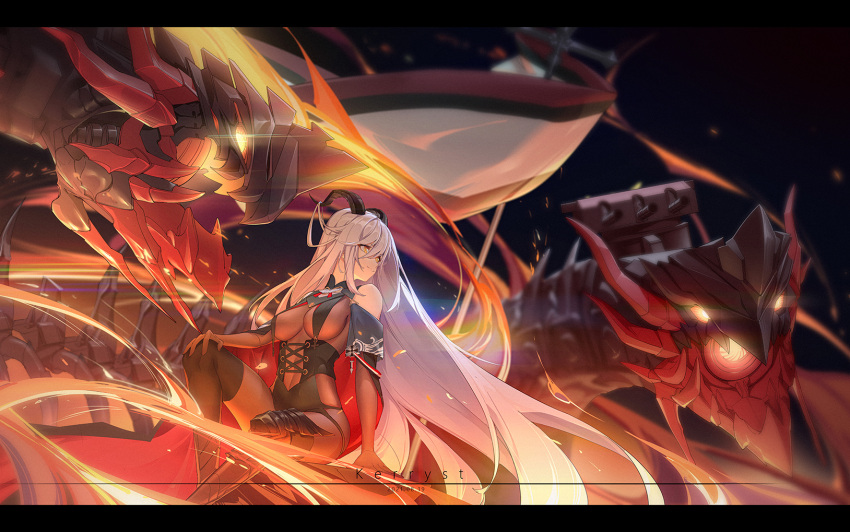 1girl absurdly_long_hair aegir_(azur_lane) artillery artist_name asymmetrical_footwear azur_lane bare_shoulders black_cape black_legwear bodystocking boots breast_curtains brown_gloves cape cross-laced_clothes dated demon_horns elbow_gloves gloves hair_between_eyes hair_on_horn highres horns impossible_clothes iron_cross kerryst knee_boots long_hair looking_to_the_side mechanical_animal mechanical_dragon pantyhose rigging single_knee_boot sitting skin_tight sleeves solo turret underbust uneven_footwear very_long_hair white_hair yellow_eyes