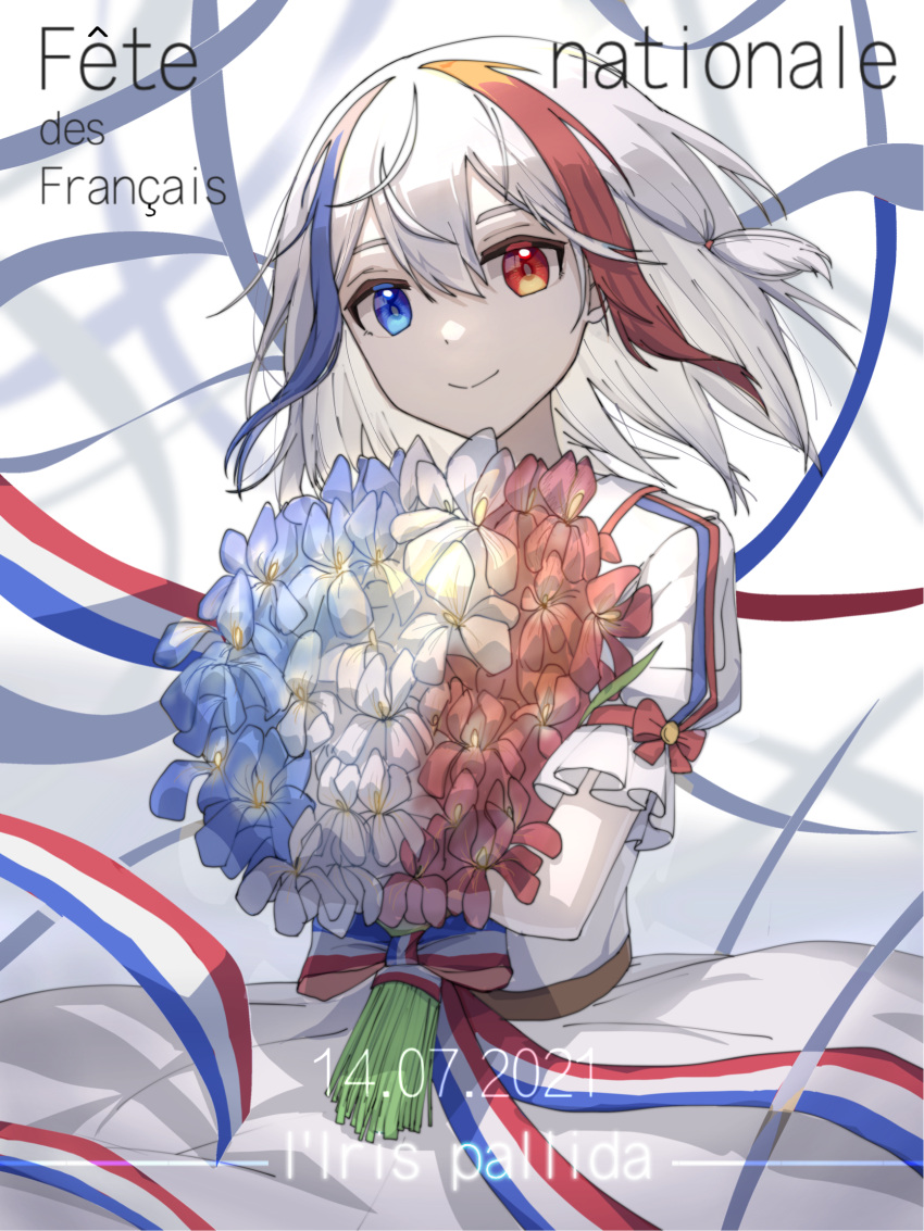 1girl blue_eyes blue_hair bouquet bow closed_mouth commentary_request dated dress dress_bow eyebrows_visible_through_hair flower france french_flag french_text hair_ornament hairclip heterochromia highres holding holding_bouquet holding_flower looking_at_viewer medium_hair multicolored_hair original personification phonetik red_eyes redhead silver_hair simple_background smile solo upper_body white_dress