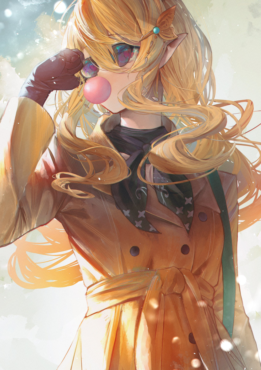 1girl absurdres bag bangs betabeet black_gloves black_neckwear blonde_hair bubble_blowing buttons chewing_gum coat collared_coat covered_mouth gloves green_bag hair_ornament hand_on_own_face highres long_hair long_sleeves looking_to_the_side neckerchief nijisanji nijisanji_en orange_coat pink_eyes pointy_ears pomu_rainpuff sidelocks solo standing sunglasses upper_body virtual_youtuber