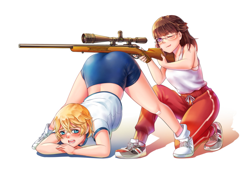 2girls aiming all_fours anh_thuy ass blonde_hair bloomers blue_eyes blush bob_cut bolt_action brown_hair buruma butt_crack darun_khanchanusthiti embarrassed flexible glasses gun gym_uniform heike_grislawski highres holding holding_gun holding_weapon jack-o'_challenge kneeling long_hair loose_socks multiple_girls one_eye_closed open_mouth original pants red_pants rifle scope shiny shiny_hair shiny_skin shoes short_hair shy smile sneakers sniper_rifle sniper_scope socks spread_legs stretch sweat tank_top thighs track_pants underwear violet_eyes weapon white_background wide_spread_legs