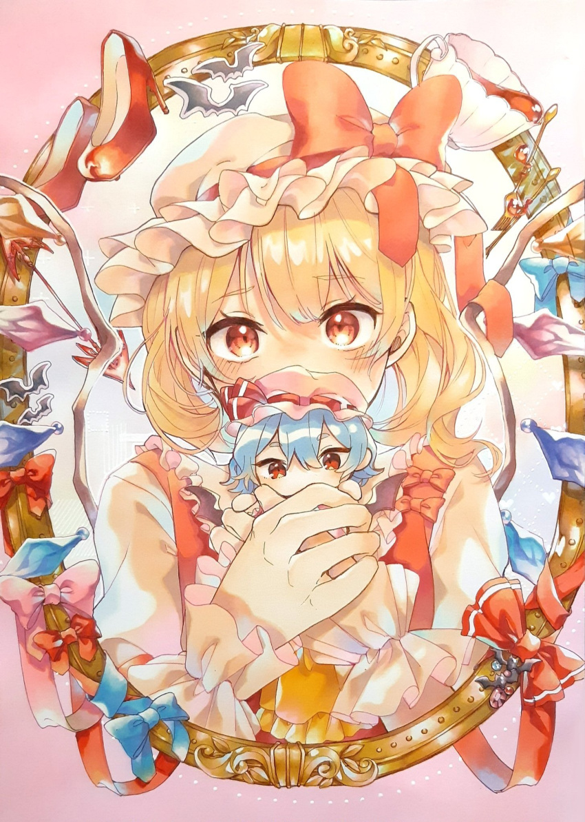 2girls ascot bat bat_wings blonde_hair blue_bow blue_hair blue_ribbon blush bow character_doll commentary_request covered_mouth crystal flandre_scarlet hat hat_ribbon high_heels highres laspberry. looking_at_viewer mirror mob_cap multiple_girls pink_background puffy_short_sleeves puffy_sleeves red_bow red_eyes red_footwear red_ribbon red_vest remilia_scarlet ribbon shirt short_hair short_sleeves siblings side_ponytail sidelocks simple_background sisters touhou vest white_shirt wings wrist_cuffs yellow_neckwear