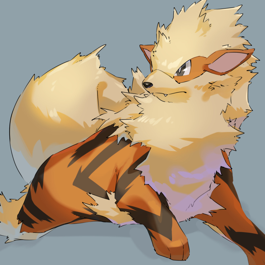 arcanine bright_pupils closed_mouth commentary_request fangs grey_background grey_eyes highres looking_to_the_side mian_(3zandora) no_humans pokemon pokemon_(creature) solo toes white_pupils