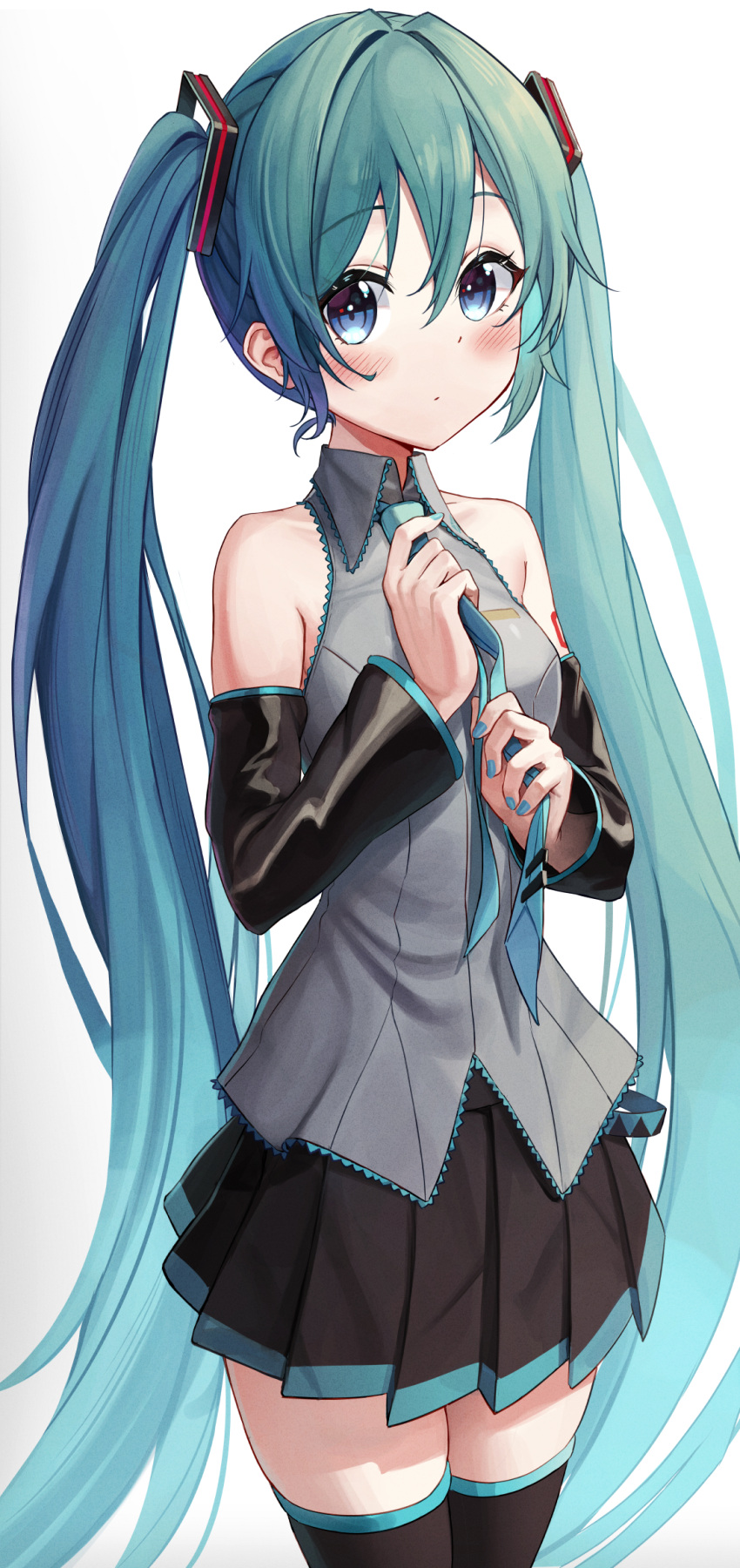 1girl alternate_eye_color aqua_hair aqua_nails aqua_neckwear bare_shoulders bib_(bibboss39) black_skirt blue_eyes blush collarbone detached_sleeves eyebrows_visible_through_hair hair_between_eyes hatsune_miku highres holding_necktie lace_trim long_hair looking_at_viewer necktie noise pleated_skirt shirt simple_background skirt sleeveless sleeveless_shirt solo thigh-highs twintails very_long_hair vocaloid white_background zettai_ryouiki