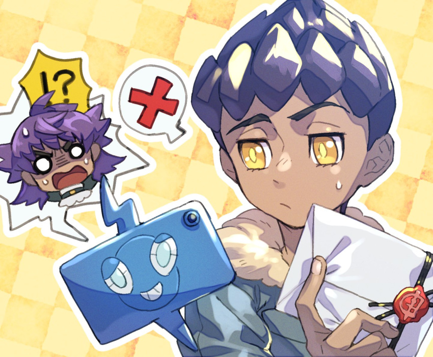 !? 2boys bangs blue_jacket closed_mouth commentary_request dark-skinned_male dark_skin envelope eyelashes fur-trimmed_jacket fur_trim holding holding_envelope hop_(pokemon) jacket komame_(st_beans) leon_(pokemon) male_focus multiple_boys outline pokemon pokemon_(game) pokemon_swsh purple_hair rotom rotom_phone short_hair sweatdrop yellow_eyes