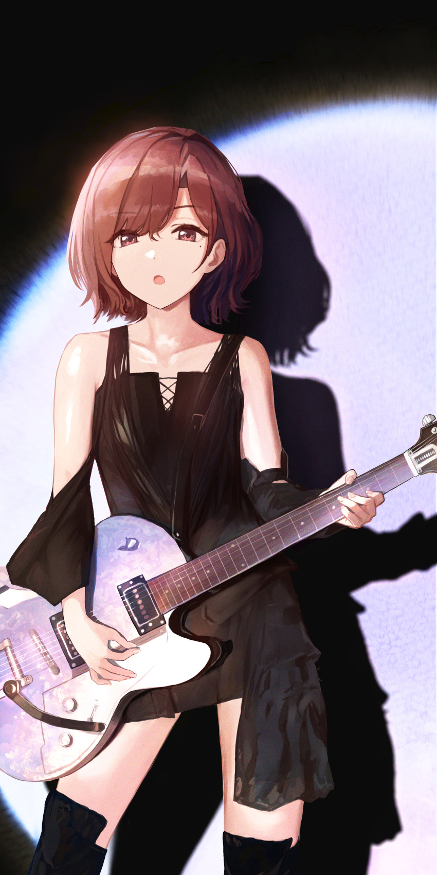 1girl absurdres black_dress black_legwear brown_hair collarbone cowboy_shot dress electric_guitar guitar highres higuchi_madoka holding holding_instrument idolmaster idolmaster_shiny_colors instrument kadomaki_madoka mole mole_under_eye music open_mouth playing_instrument shadow short_hair solo spotlight standing thigh-highs violet_eyes