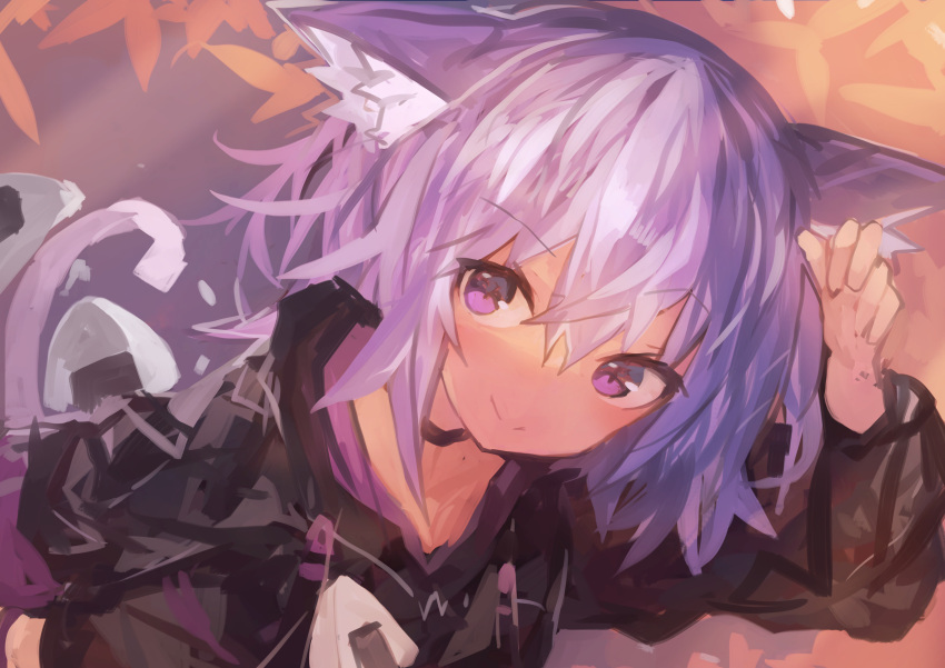 1girl absurdres animal_ear_fluff animal_ears bangs black_hoodie cat_ears cat_girl cat_tail choker closed_mouth eyebrows_visible_through_hair food hair_between_eyes hand_up highres hololive hood hood_down hoodie kaamin_(mariarose753) looking_at_viewer medium_hair nekomata_okayu onigiri purple_hair sidelocks smile solo tail upper_body virtual_youtuber