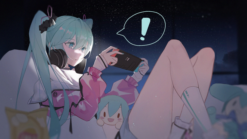 ! 1girl aqua_eyes aqua_hair aqua_nails bangs breasts chinese_commentary commentary_request crossed_legs ellase eyebrows_visible_through_hair feet_out_of_frame grey_shorts hair_between_eyes hair_ornament hair_ribbon handheld_game_console hands_up hatsune_miku headphones headphones_around_neck highres holding holding_handheld_game_console jacket leaning_back long_hair looking_away night night_sky nintendo_switch noise off_shoulder open_clothes open_jacket parted_lips pillow pink_jacket ribbon screen_light scrunchie shirt shorts sitting sky sleeves_past_wrists small_breasts socks solo speech_bubble star_(sky) stuffed_toy twintails vocaloid white_legwear white_shirt window