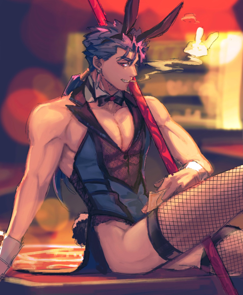 1boy alternate_costume animal_ears beads biceps blue_hair bow bowtie cu_chulainn_(fate) cu_chulainn_(fate/stay_night) cuffs detached_collar earrings fate/stay_night fate_(series) fishnets gae_bolg_(fate) grin hair_beads hair_ornament highres holding holding_polearm holding_weapon jewelry long_hair male_focus male_playboy_bunny muscular muscular_male ojitaro12 pectorals polearm ponytail rabbit_ears rabbit_tail red_eyes skin_tight smile smoking solo spiky_hair tail thigh-highs weapon