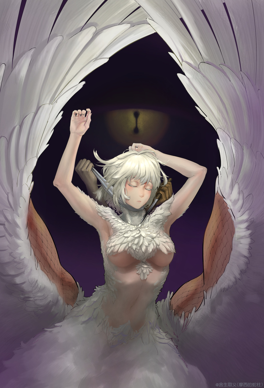 1girl absurdres armpits arms_up artist_name bangs black_background blood blood_on_face breasts centauroid chimera chinese_commentary closed_mouth commentary_request cowboy_shot disembodied_limb dungeon_meshi eyebrows_behind_hair falin_thorden feathered_wings feathers hair_between_eyes highres holding holding_knife knife knife_to_throat medium_breasts monster_girl navel short_hair sidelocks simple_background spoilers ssqy109 stomach strangling taur under_boob white_hair wings