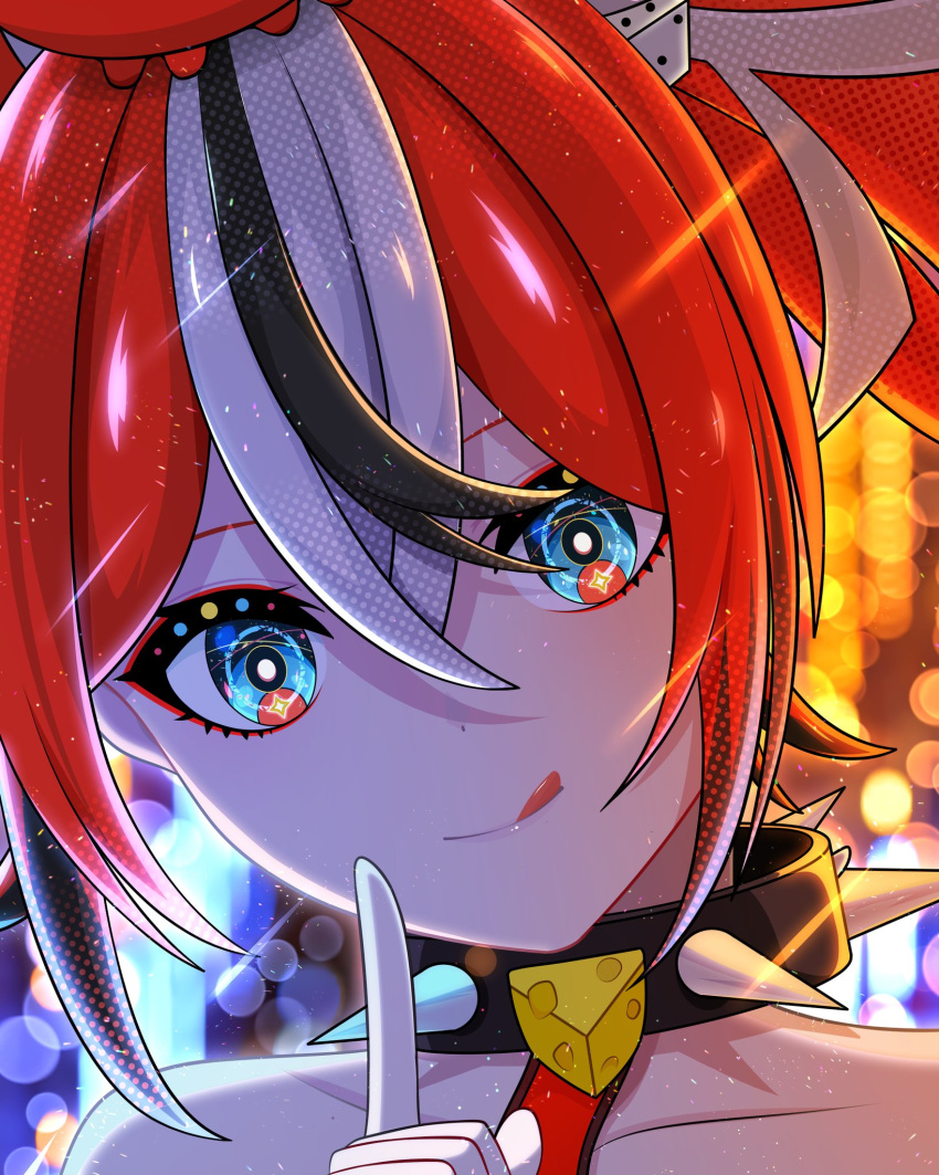 1girl bare_shoulders black_hair blue_eyes cheese choker collarbone dice dice_hair_ornament food hair_ornament hakos_baelz highres hololive hololive_english mr._squeaks_(hakos_baelz) multicolored_hair rat redhead rivaldyts spiked_choker spikes streaked_hair tongue tongue_out virtual_youtuber white_hair