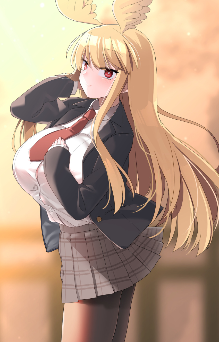 1girl akitokage01 bangs blonde_hair breasts contemporary fate/grand_order fate_(series) head_wings highres huge_breasts long_hair looking_at_viewer red_eyes school_uniform sidelocks solo thighs thrud_(fate) valkyrie_(fate)