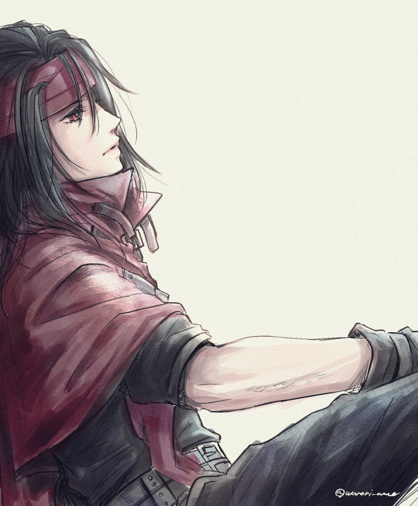 1boy black_hair cloak final_fantasy final_fantasy_vii gloves headband highres long_hair looking_up messy_hair red_eyes sleeves_rolled_up vincent_valentine warori_anne white_background