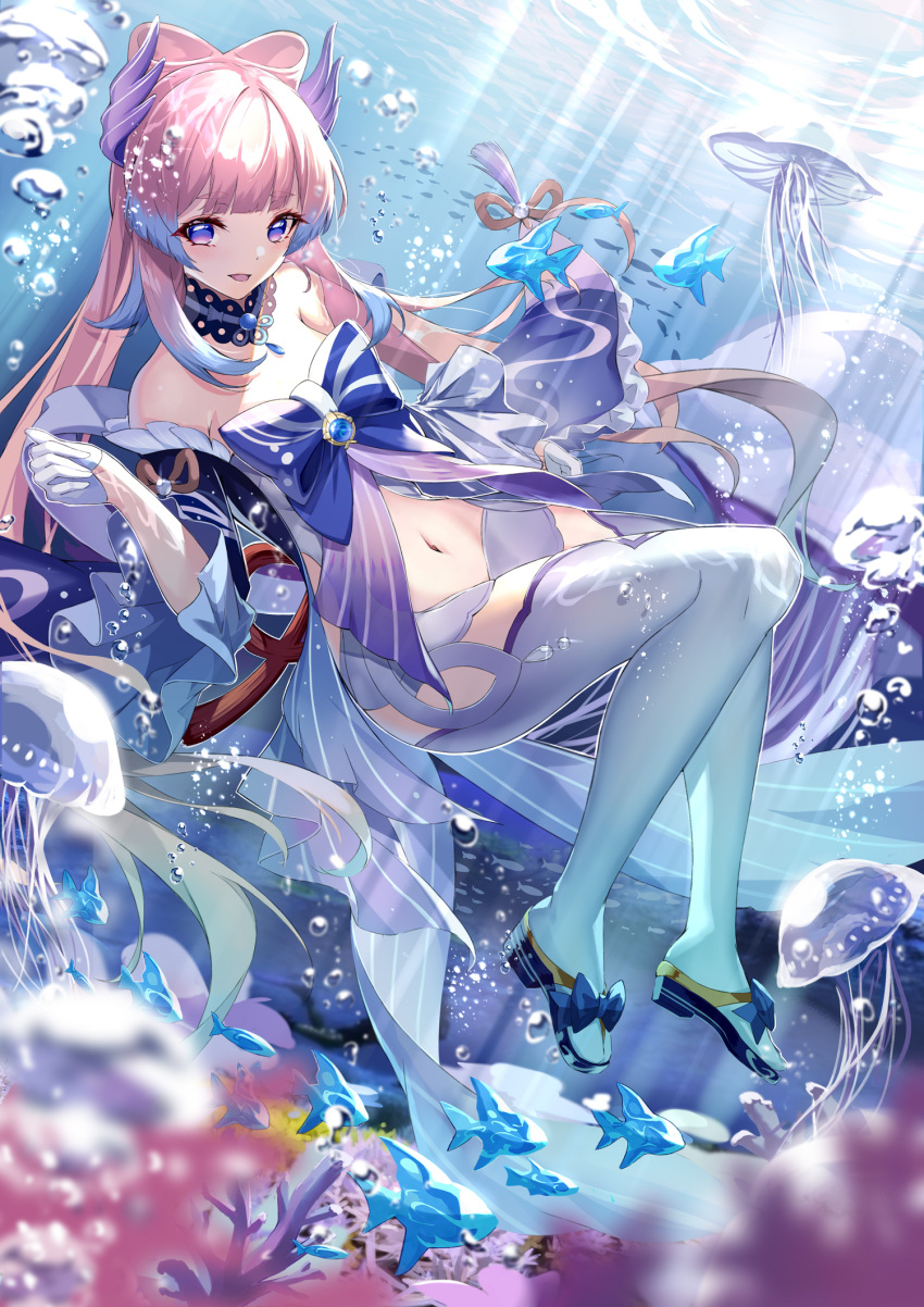 1girl air_bubble augu_(523764197) bangs bare_shoulders blunt_bangs bow bowtie bubble detached_sleeves dress fish frilled_sleeves frills full_body genshin_impact hair_bow highres jellyfish long_hair looking_at_viewer midriff navel open_mouth sangonomiya_kokomi sidelocks smile solo submerged thigh-highs thighs water