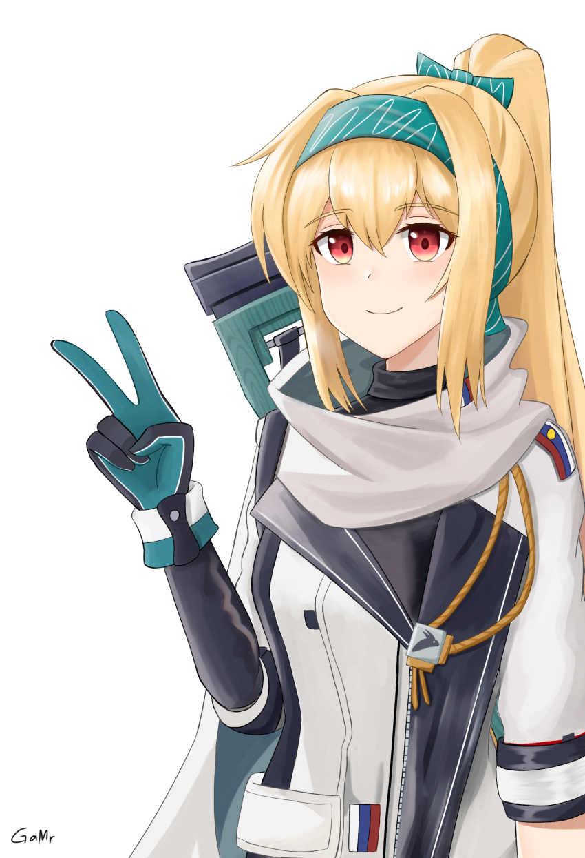 1girl artist_name black_bodysuit blonde_hair bodysuit bow closed_mouth eyebrows_visible_through_hair gamryous girls_frontline gloves green_bow green_hairband hair_bow hairband highres jacket long_hair looking_at_viewer multicolored multicolored_clothes multicolored_gloves ponytail red_eyes russian_flag scarf smile solo sv-98_(girls'_frontline) turtleneck upper_body v white_background white_jacket white_scarf