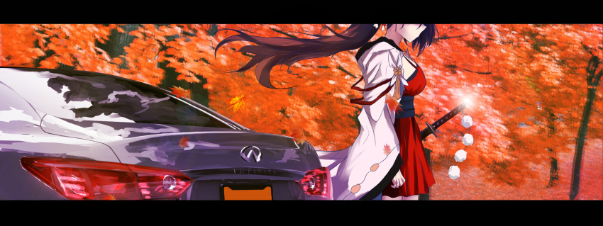 1girl absurdres autumn autumn_leaves azur_lane breasts brown_hair car dress from_side ground_vehicle highres japanese_clothes kimono large_breasts long_hair motor_vehicle nissan outdoors red_dress scenery sheath sheathed short_dress solo tianyu_jifeng white_kimono wide_sleeves zuikaku_(azur_lane)