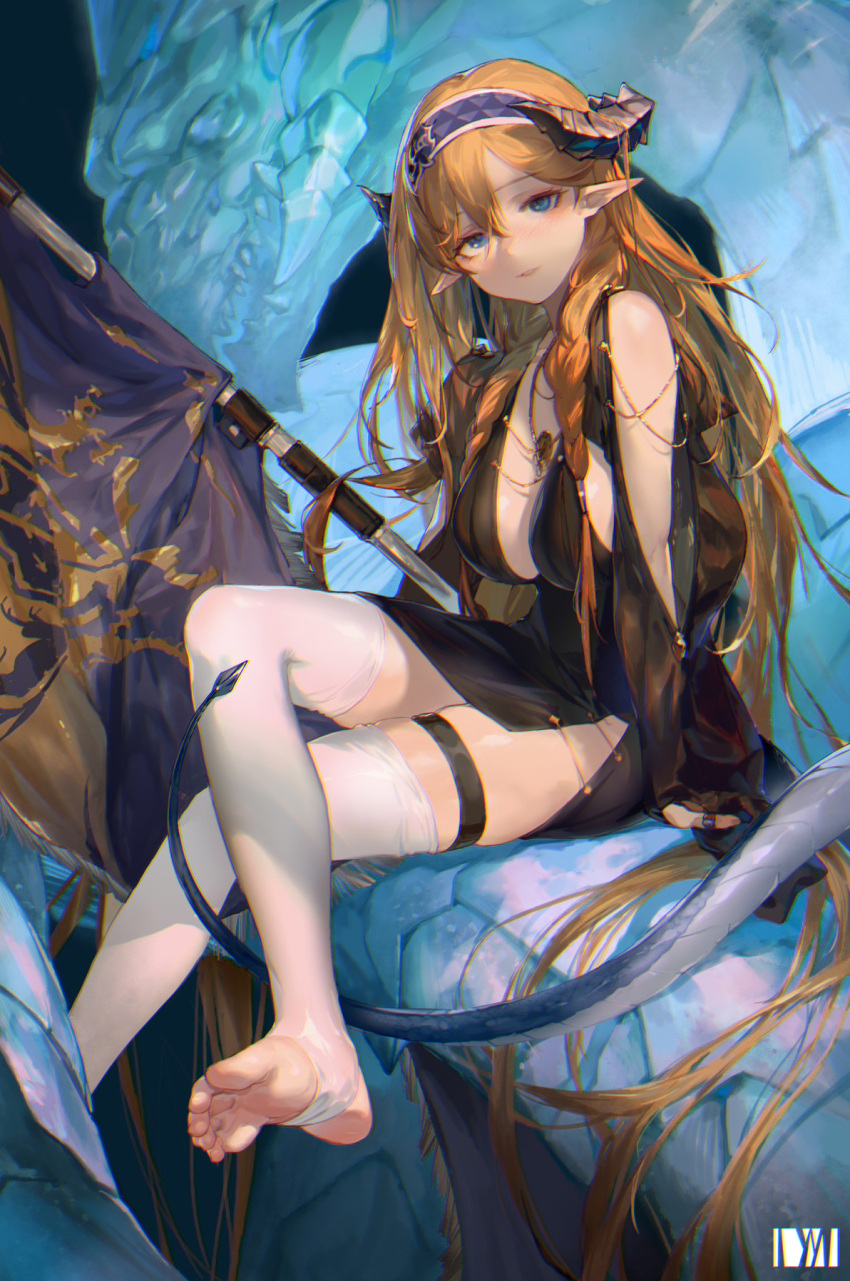 1girl arknights bangs black_dress blue_eyes blue_hairband blush breasts brown_hair commentary_request crossed_legs dm_(dai_miao) dress feet flag flagpole foot_out_of_frame hair_between_eyes hairband highres horns jewelry large_breasts long_hair long_sleeves looking_at_viewer no_shoes parted_lips pointy_ears ring saileach_(arknights) sitting soles solo stirrup_legwear tail thigh_strap toeless_legwear toes very_long_hair white_legwear